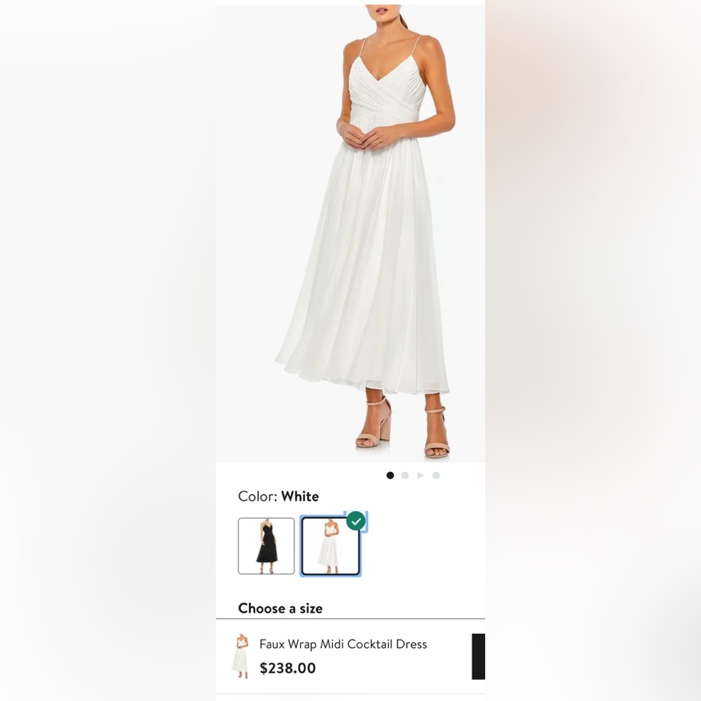 White flowy Mac Duggal cocktail dress
